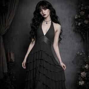 Dave & Johnny Silk Halter Neck midi Dark Fairy ruffle Tiered Dress